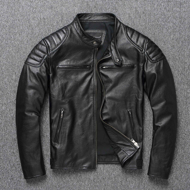 Garrick | Mens Leather Jacket Stand Collar Motorcycle Biker Jacket - 6