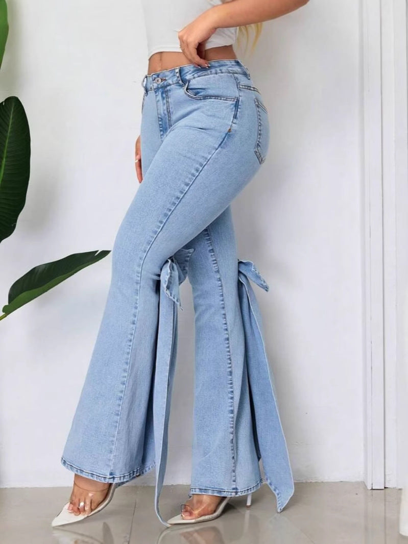 Imogen | Womens Jeans Flare High Waisted Bow Wide Leg Denim