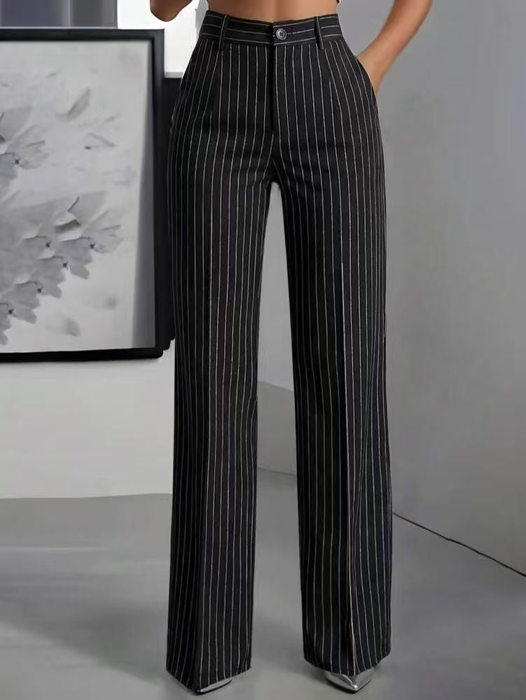 Briony | Womens Work Wide Leg High Waisted Striped Trousers - 3