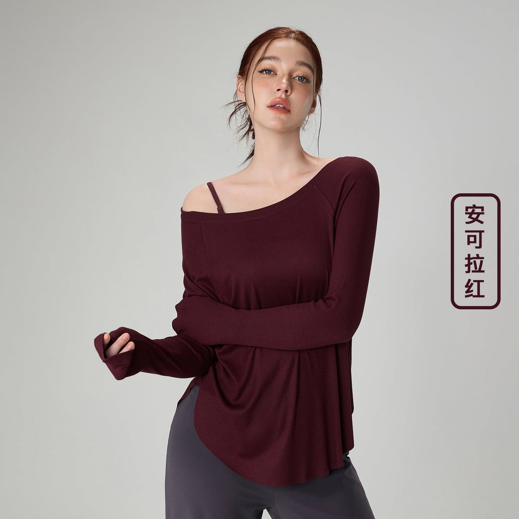 Genevieve | Womens Yoga Top Ribbed Off Shoulder Long Sleeve Fitness Top