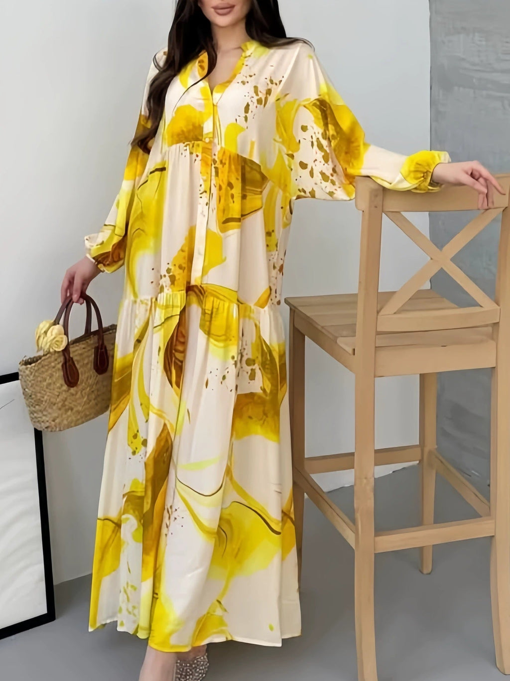 Ulric | Womens Dress Printed Long Sleeve V Neck Loose Maxi Dress