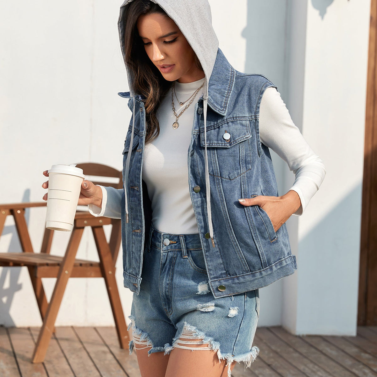 Cordelia | Womens Hooded Denim Gilet Waistcoat