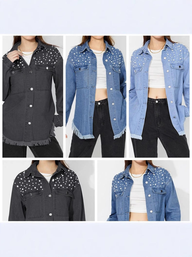 Eleanor | Womens Oversized Beaded Frayed Denim Jacket