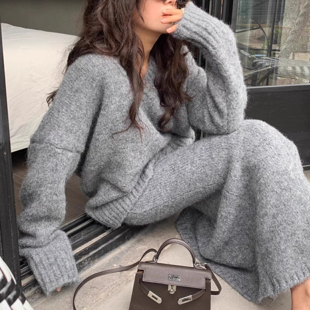 Reuben | Womens Knitted Two Piece Set Jumper Skirt V Neck Loungewear Set