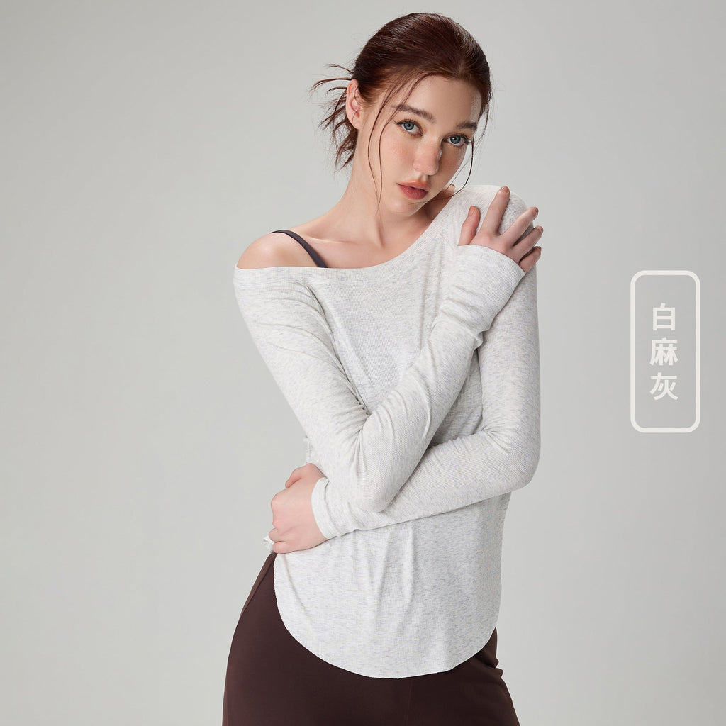 Genevieve | Womens Yoga Top Ribbed Off Shoulder Long Sleeve Fitness Top