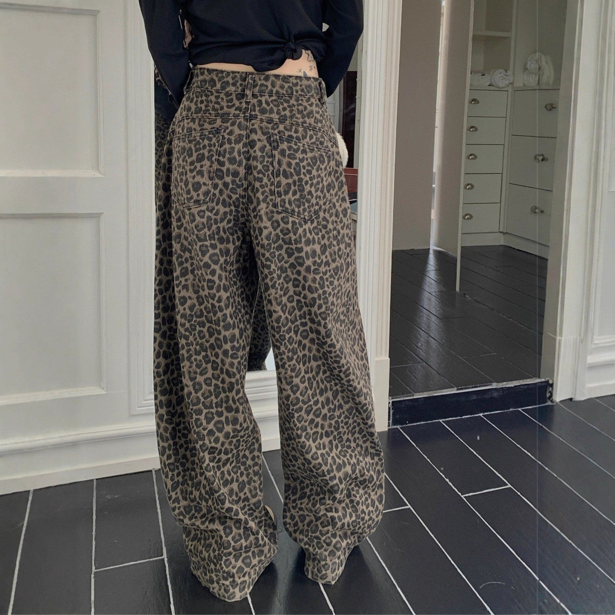 Greta | Womens High Waisted Jeans Leopard Print Straight Leg Slim Denim