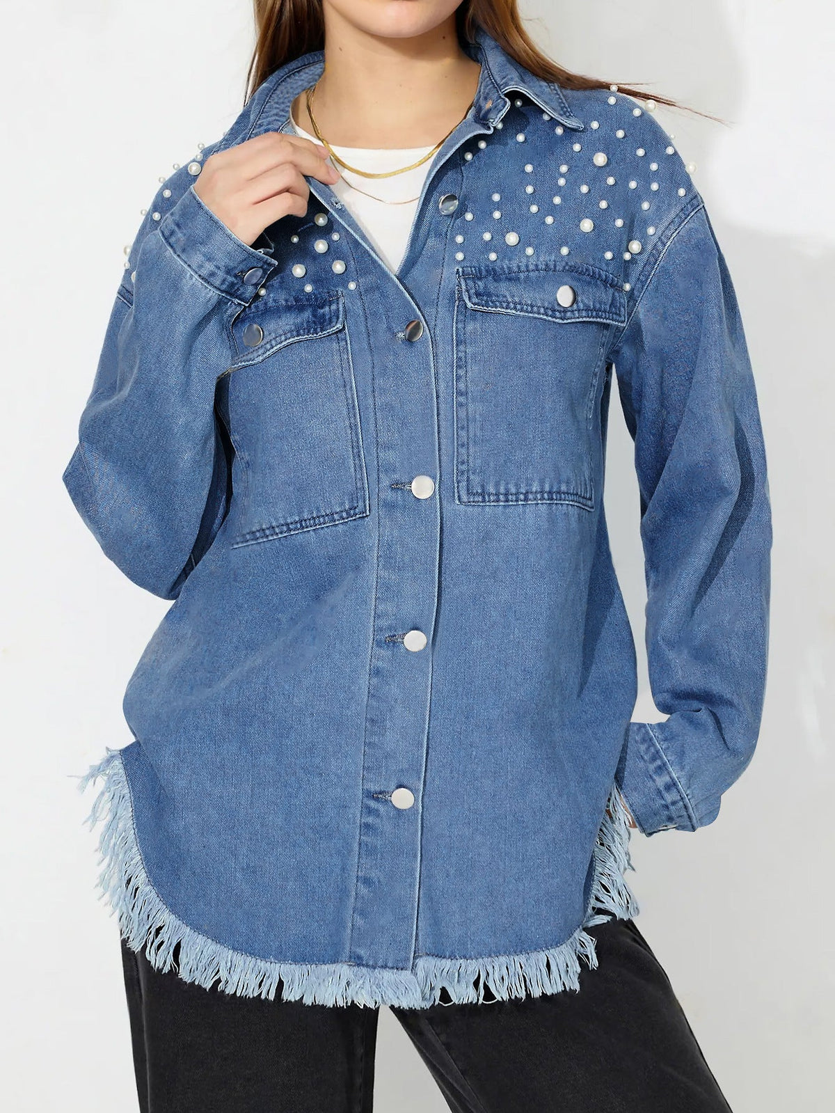 Eleanor | Womens Oversized Beaded Frayed Denim Jacket