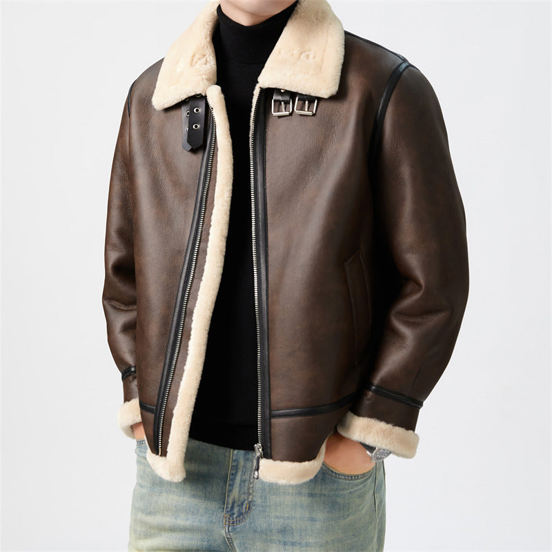 Marius | Mens Leather Shearling Biker Aviator Flight Lined Jacket - 7