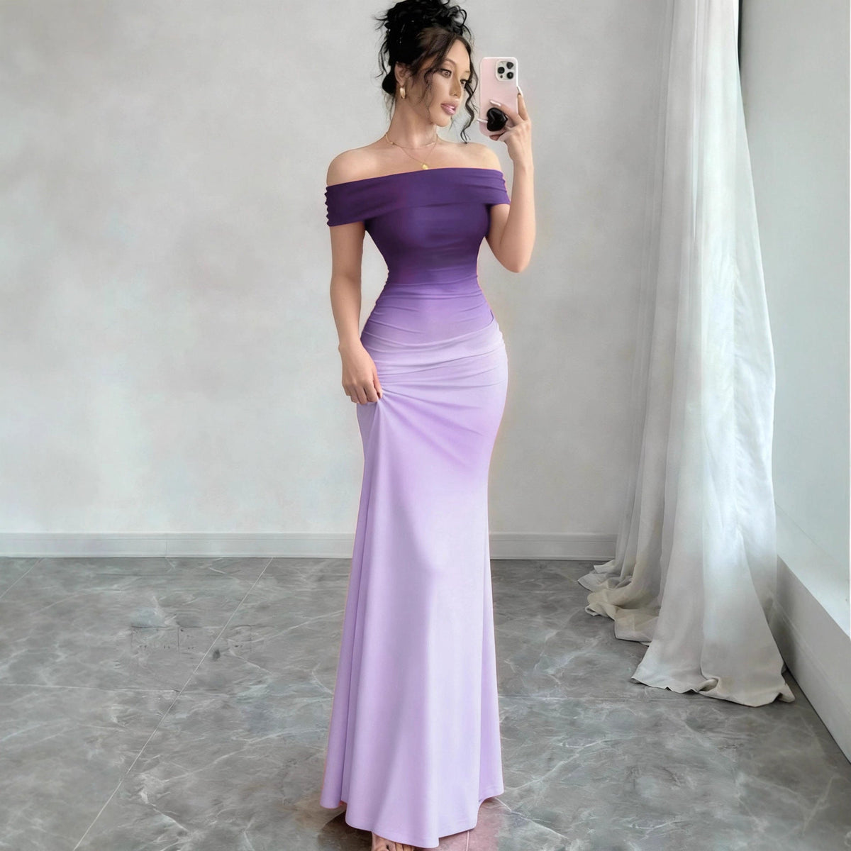 Reggie | Womens Bodycon Dress Short Sleeve Gradient Off Shoulder Long Dress