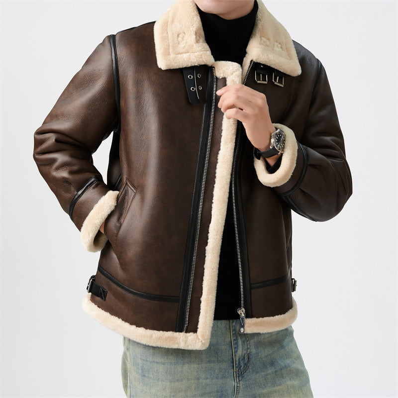 Marius | Mens Leather Shearling Biker Aviator Flight Lined Jacket - 3