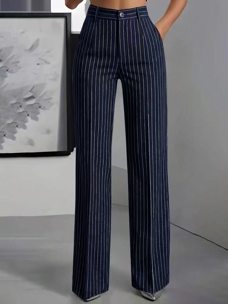 Briony | Womens Work Wide Leg High Waisted Striped Trousers - 7