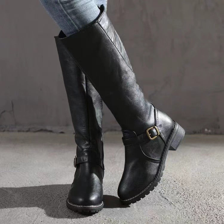 Rhoda | Womens Knee High Boots Heeled Leather Biker Boots - 4