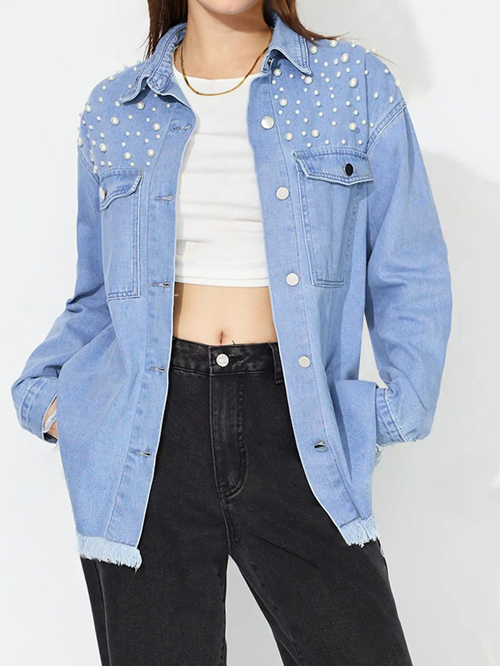 Eleanor | Womens Oversized Beaded Frayed Denim Jacket