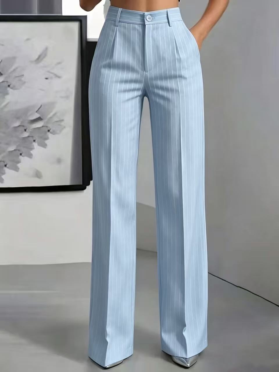 Briony | Womens Work Wide Leg High Waisted Striped Trousers - 16
