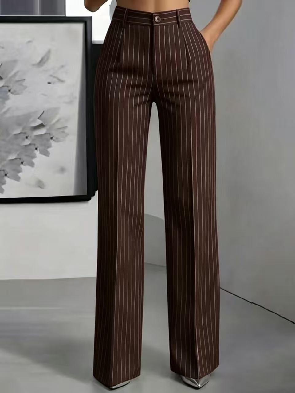 Briony | Womens Work Wide Leg High Waisted Striped Trousers - 11