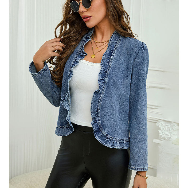 Delphine | Womens Ruffle Cropped Denim Jacket