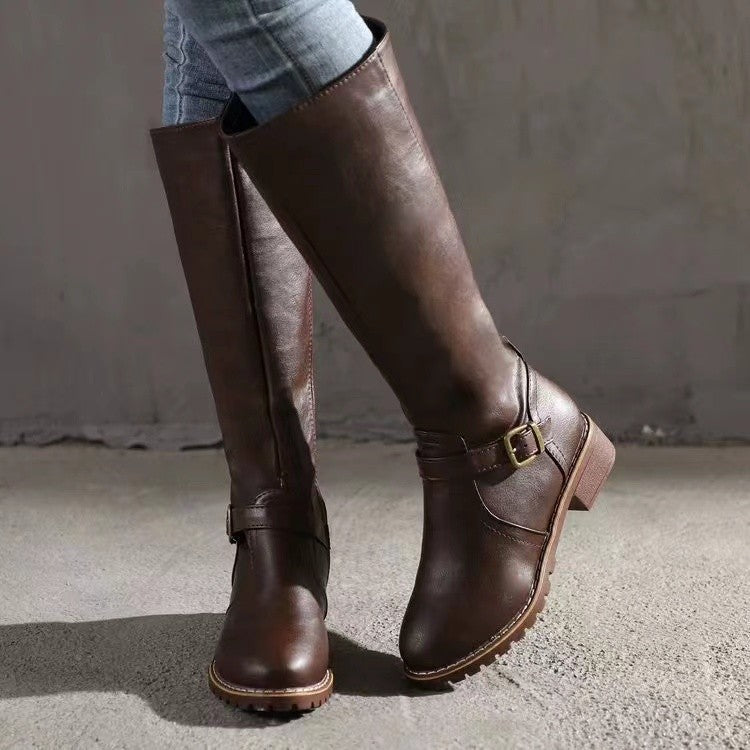 Rhoda | Womens Knee High Boots Heeled Leather Biker Boots - 7