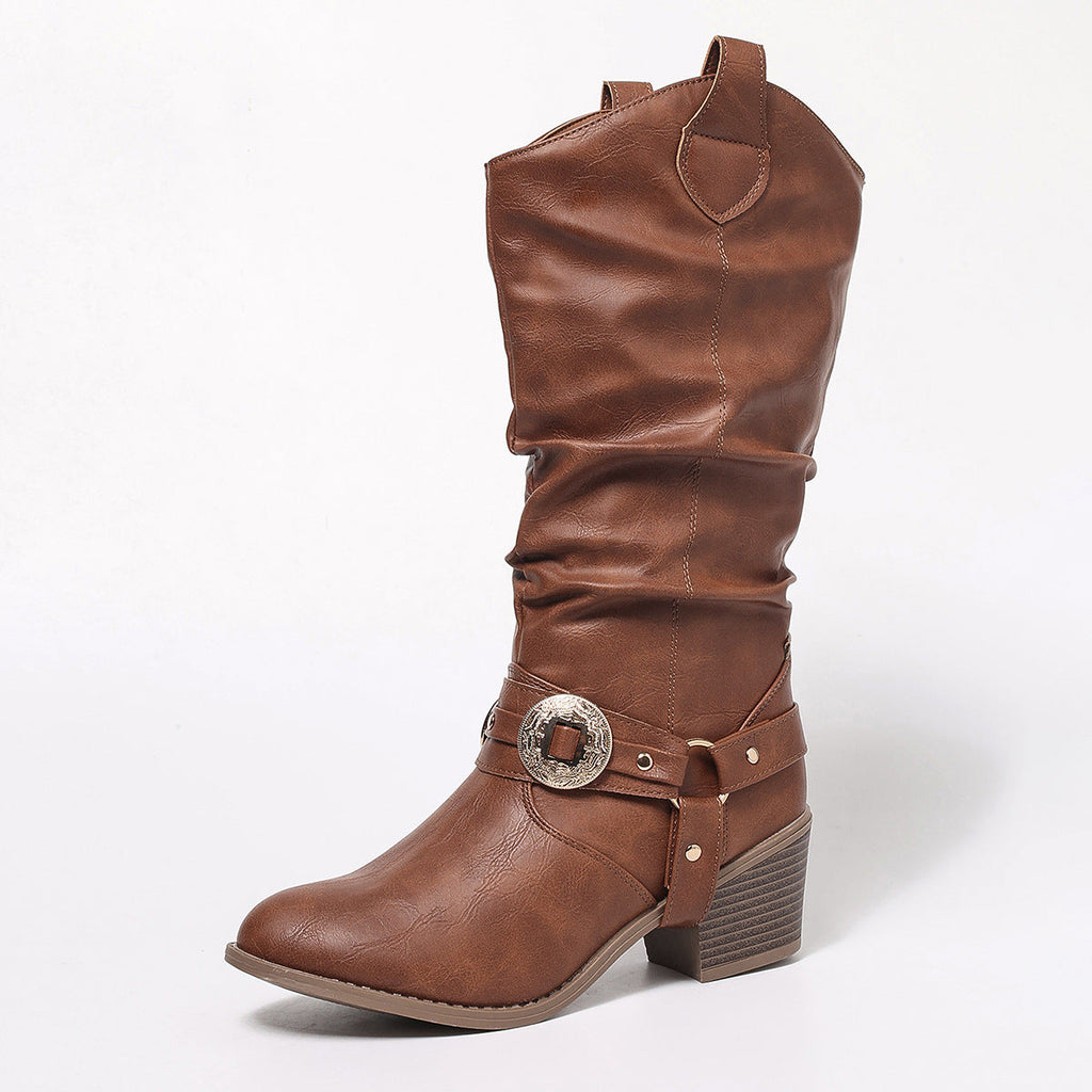 Romilly | Womens Cowboy Boots Studded Chunky Heel Western Long Boots