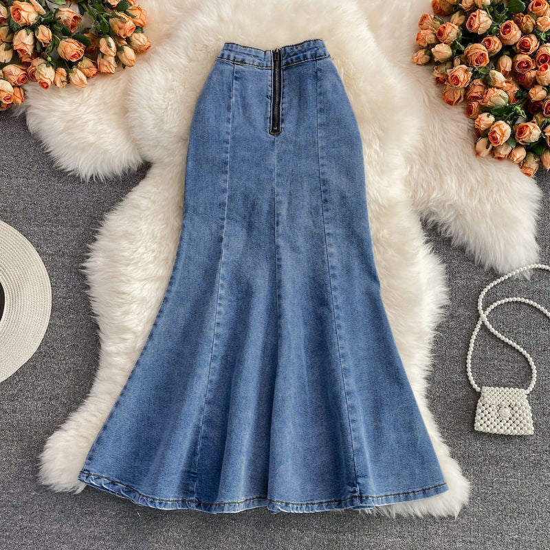Edmund | Womens Denim Skirt Fishtail Split High Waisted Midi Skirt