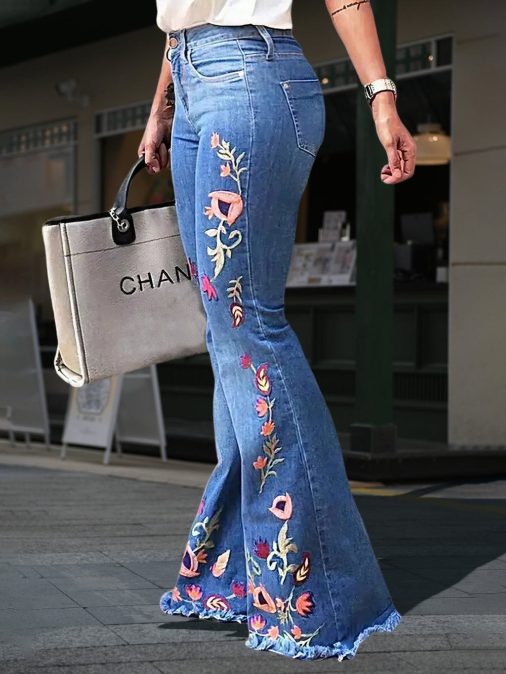 Sylvie | Womens Jeans Flare High Waisted Embroidered Stretch Denim