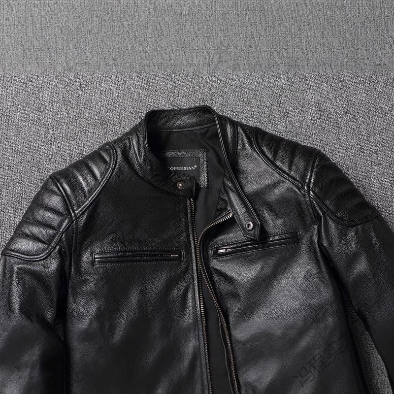 Garrick | Mens Leather Jacket Stand Collar Motorcycle Biker Jacket - 4