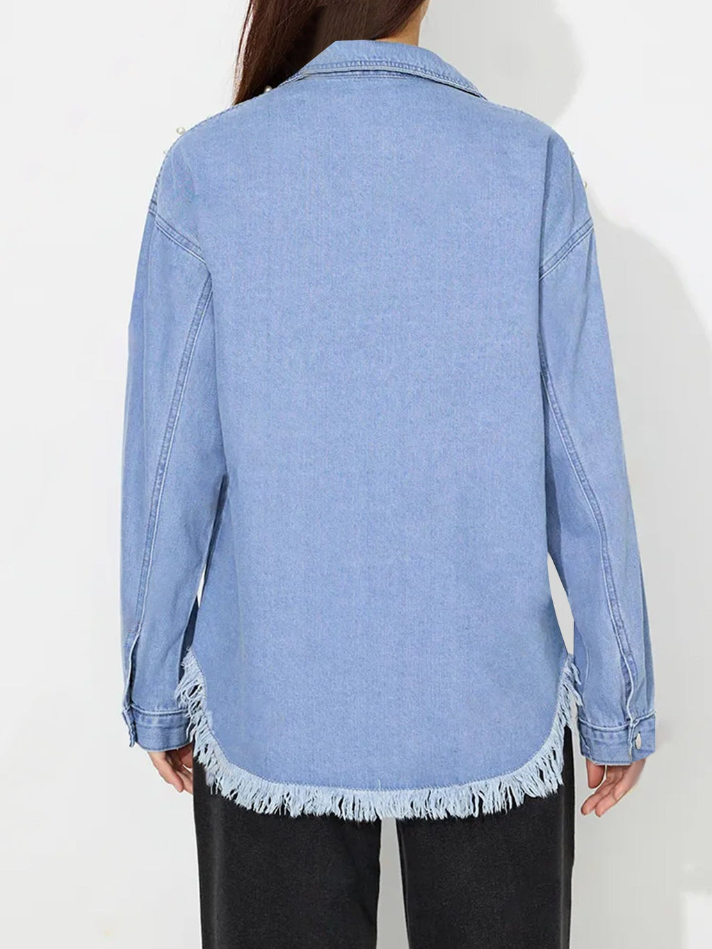Eleanor | Womens Oversized Beaded Frayed Denim Jacket