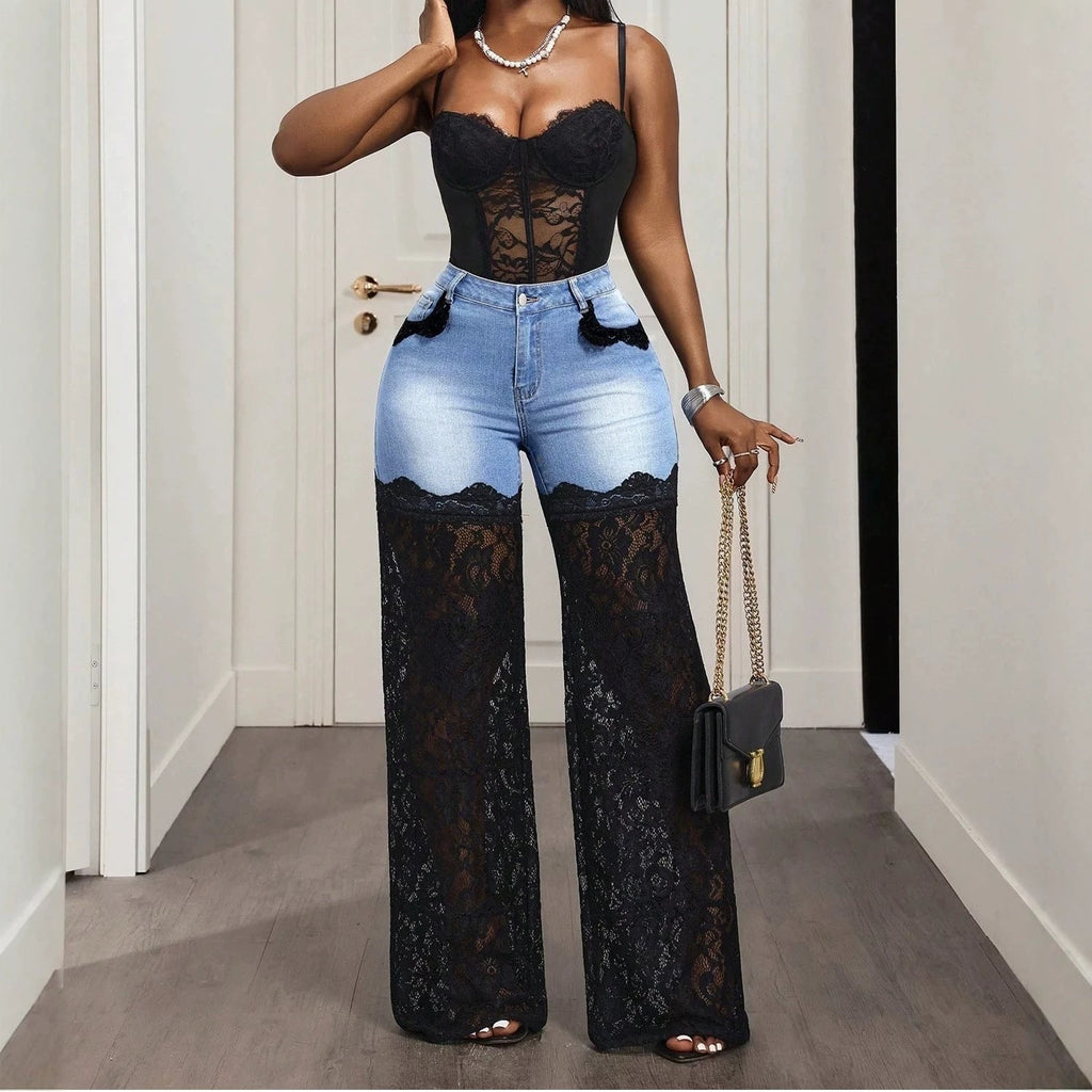 Selene | Womens Jeans High Waisted Lace Patchwork Denim