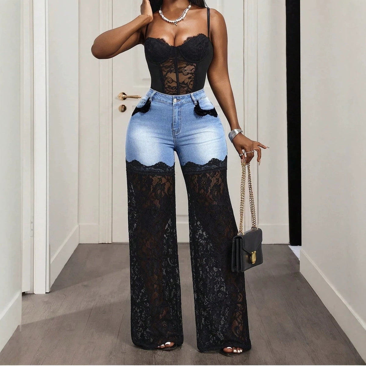 Selene | Womens Jeans High Waisted Lace Patchwork Denim