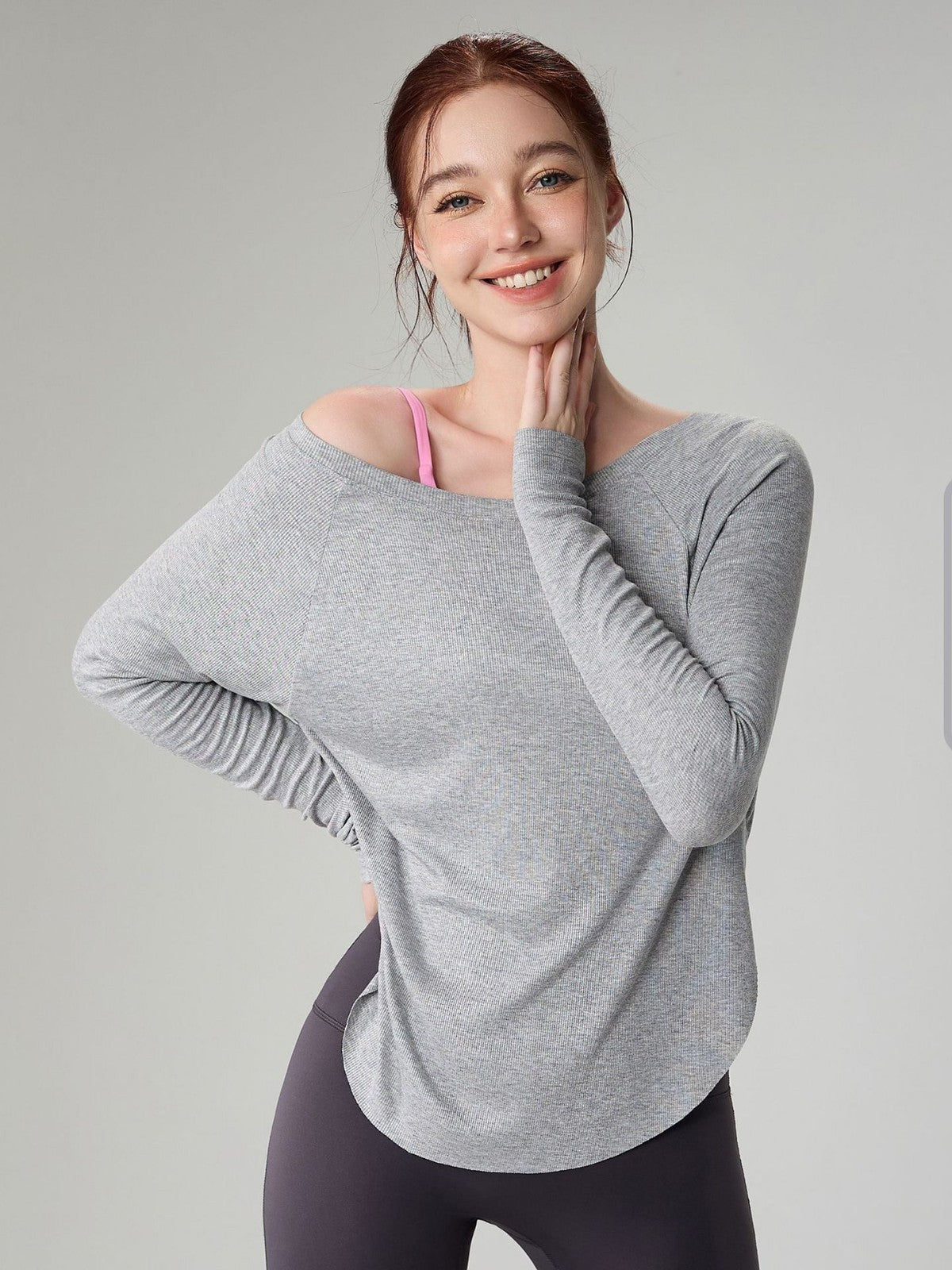 Genevieve | Womens Yoga Top Ribbed Off Shoulder Long Sleeve Fitness Top