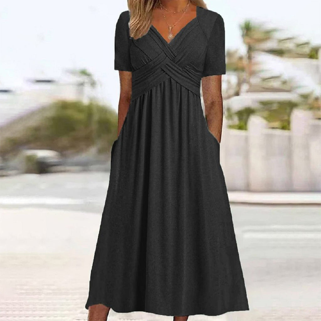 Adaline | Womens Short Sleeve Wrap Waist Long Maxi Wedding Guest Summer Dresses - Black
