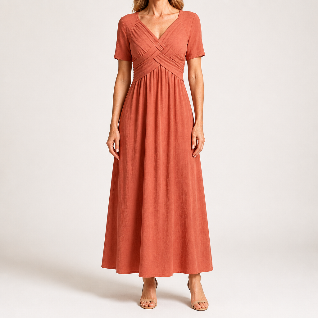 Adaline | Womens Short Sleeve Wrap Waist Long Maxi Wedding Guest Summer Dresses, Orange