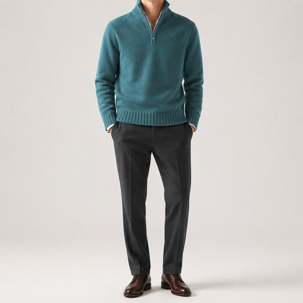 Alaric | Mens Wool Knitted Jumper Zip Collar Knit Sweater, Blue
