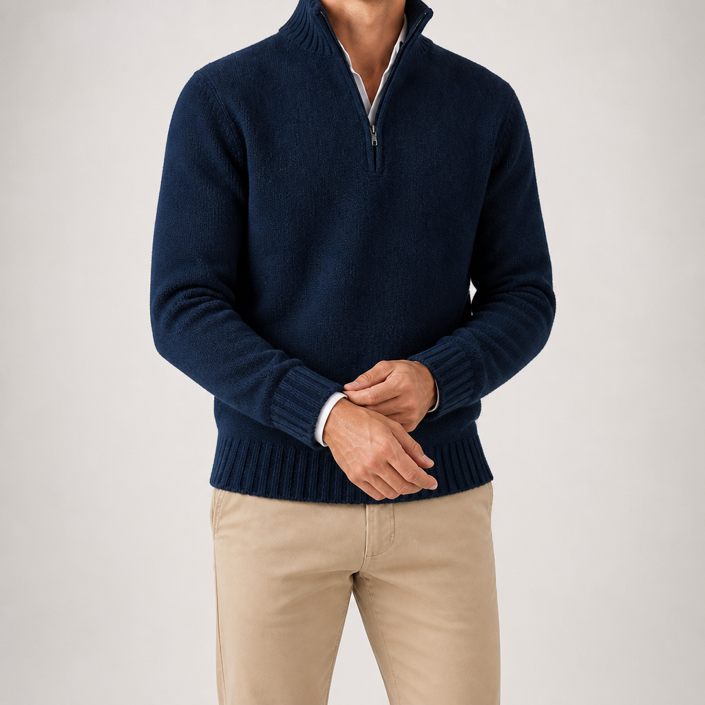 Alaric | Mens Wool Knitted Jumper Zip Collar Knit Sweater, Dark Blue