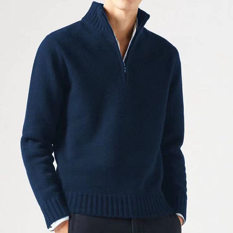 Alaric | Mens Zip Collar Wool Knitted Jumper - Dark Blue