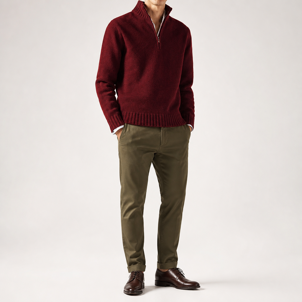 Alaric | Mens Wool Knitted Jumper Zip Collar Knit Sweater, Red