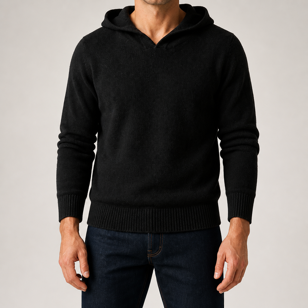 Alden | Mens Cashmere Wool Knitted Hoodie Hooded Jumper, Black