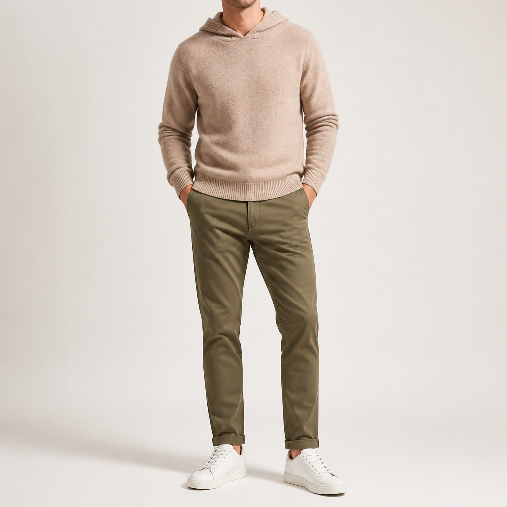 Alden | Mens Cashmere Wool Knitted Hoodie Hooded Jumper, Light Camel