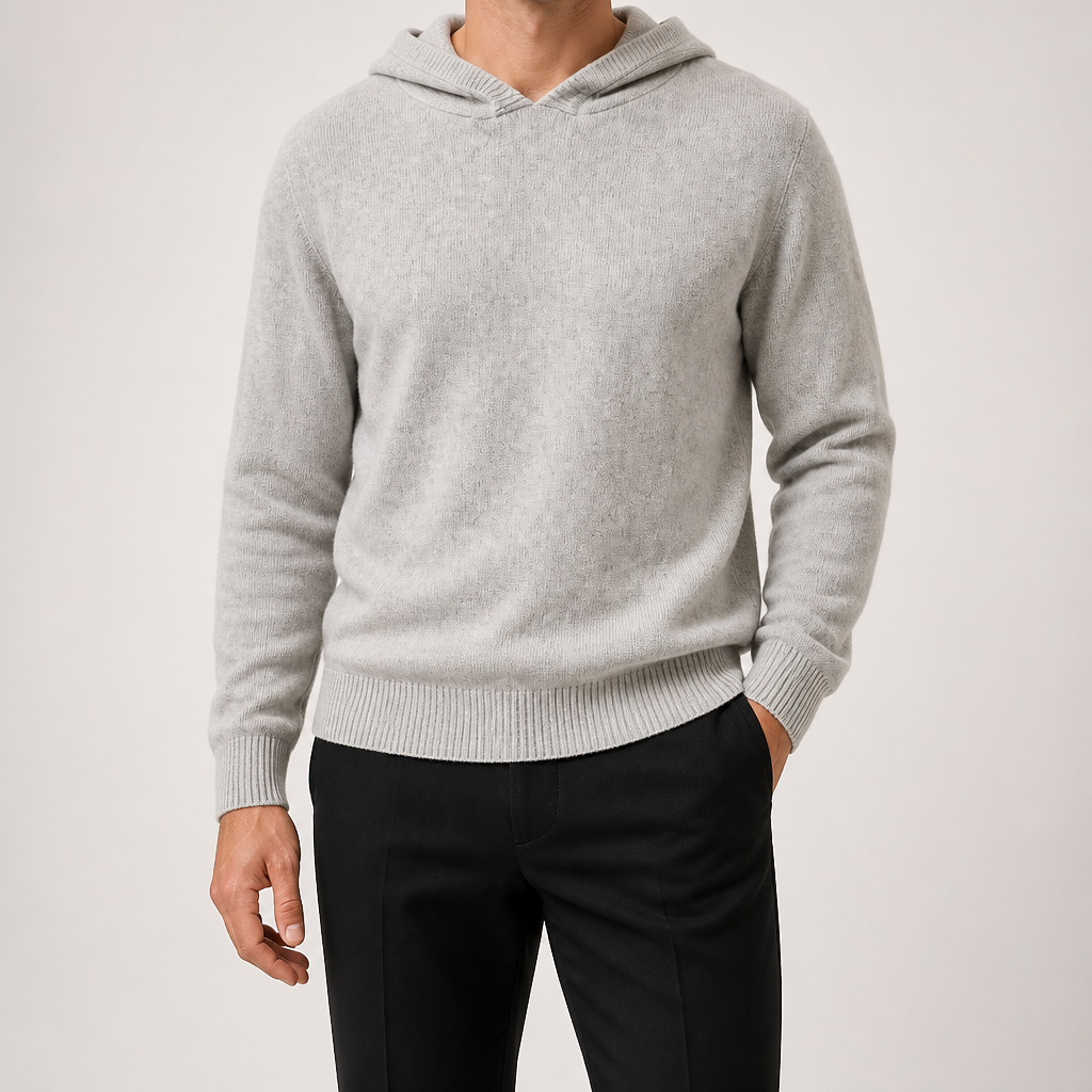 Alden | Mens Cashmere Wool Knitted Hoodie Hooded Jumper, Light Grey