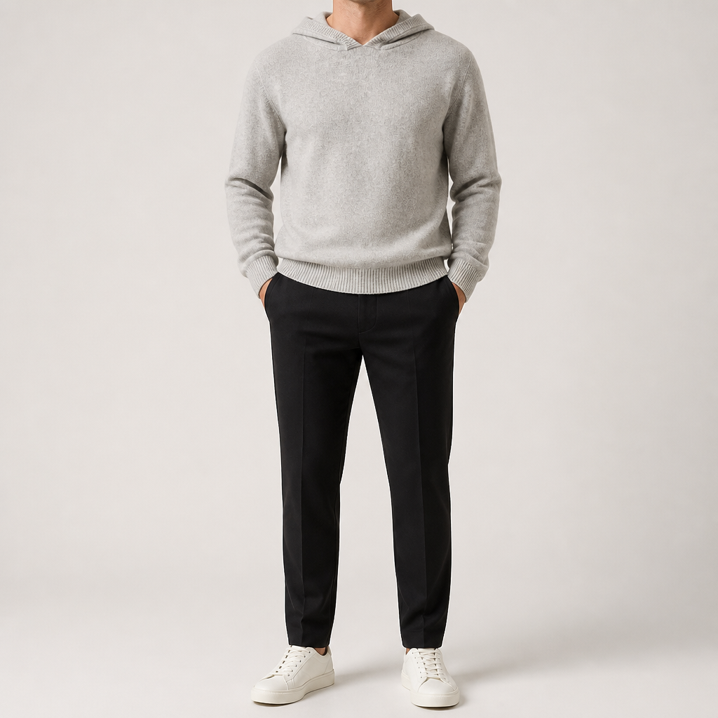 Alden | Mens Cashmere Wool Knitted Hoodie Hooded Jumper, Light Grey