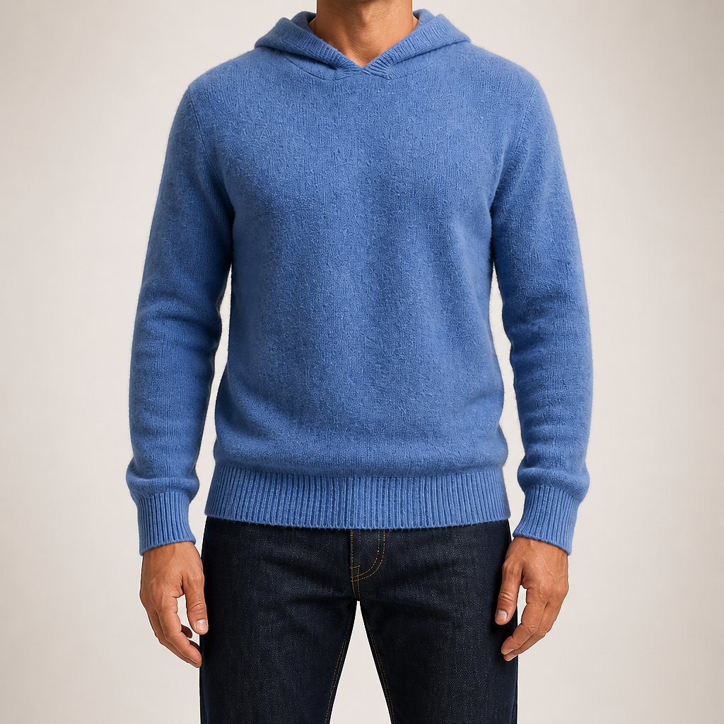 Alden | Mens Cashmere Wool Knitted Hoodie Hooded Jumper, Mist Blue