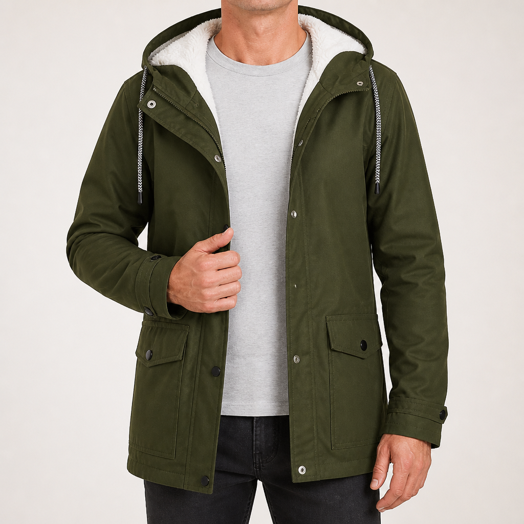 Alden | Mens Waterproof Jacket Fleece Lined Hooded Winter Rain Jacket, Army Green