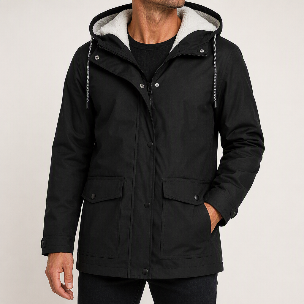Alden | Mens Waterproof Jacket Fleece Lined Hooded Winter Rain Jacket, Black