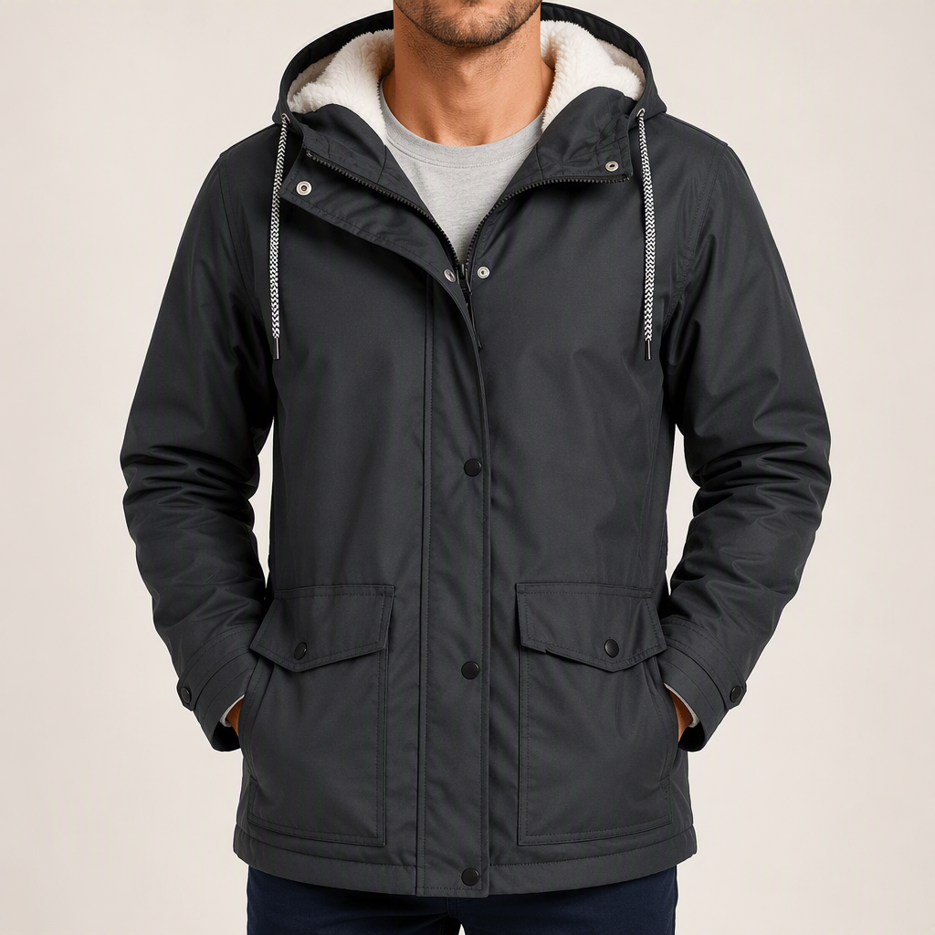 Alden | Mens Waterproof Jacket Fleece Lined Hooded Winter Rain Jacket, Dark Grey