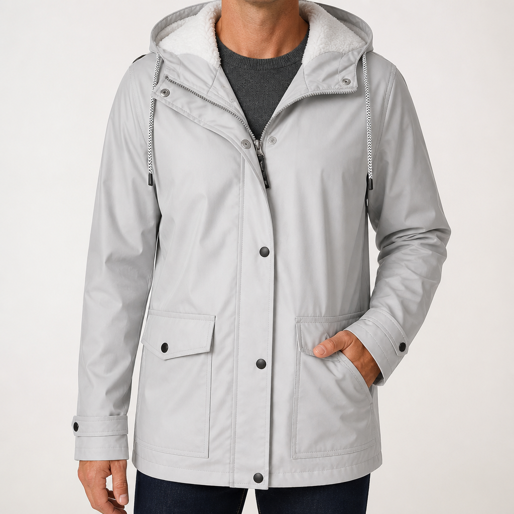 Alden | Mens Waterproof Jacket Fleece Lined Hooded Winter Rain Jacket, Light Grey