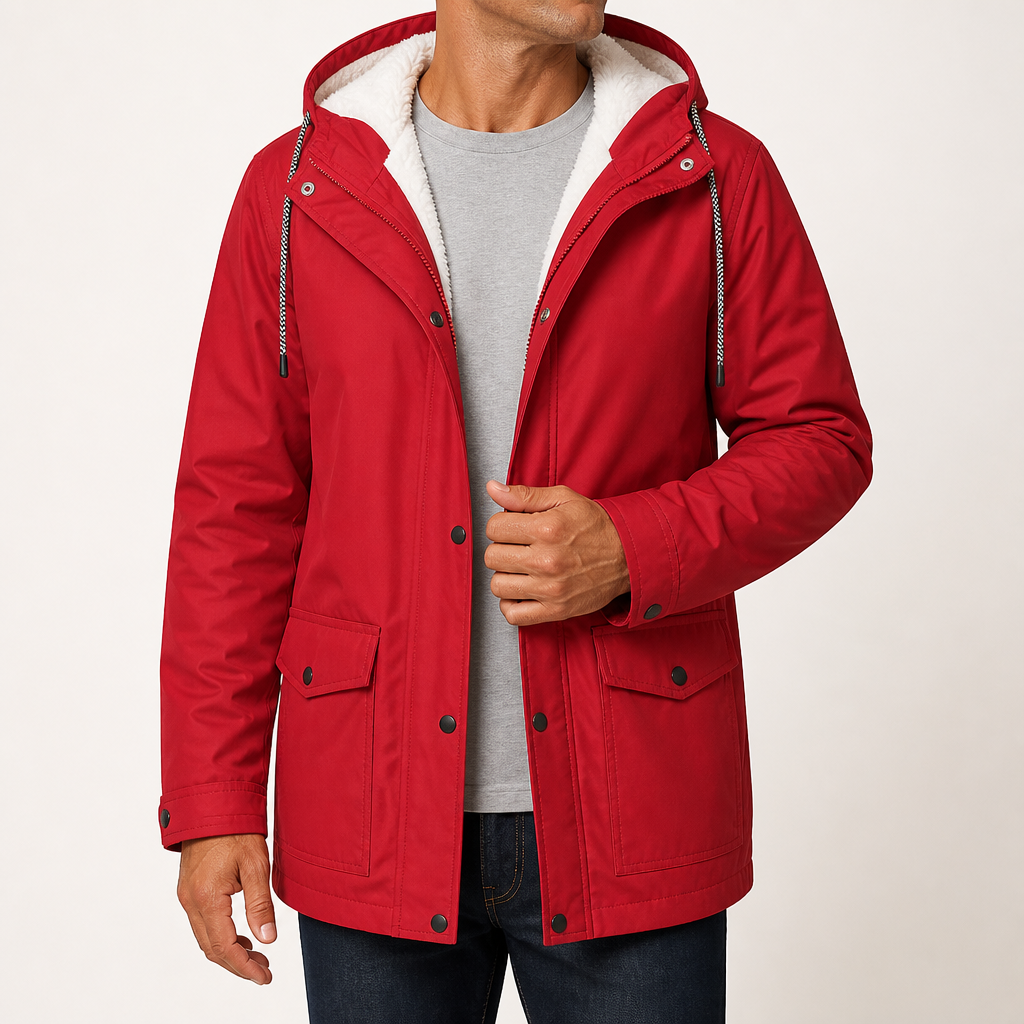 Alden | Mens Waterproof Jacket Fleece Lined Hooded Winter Rain Jacket, Red