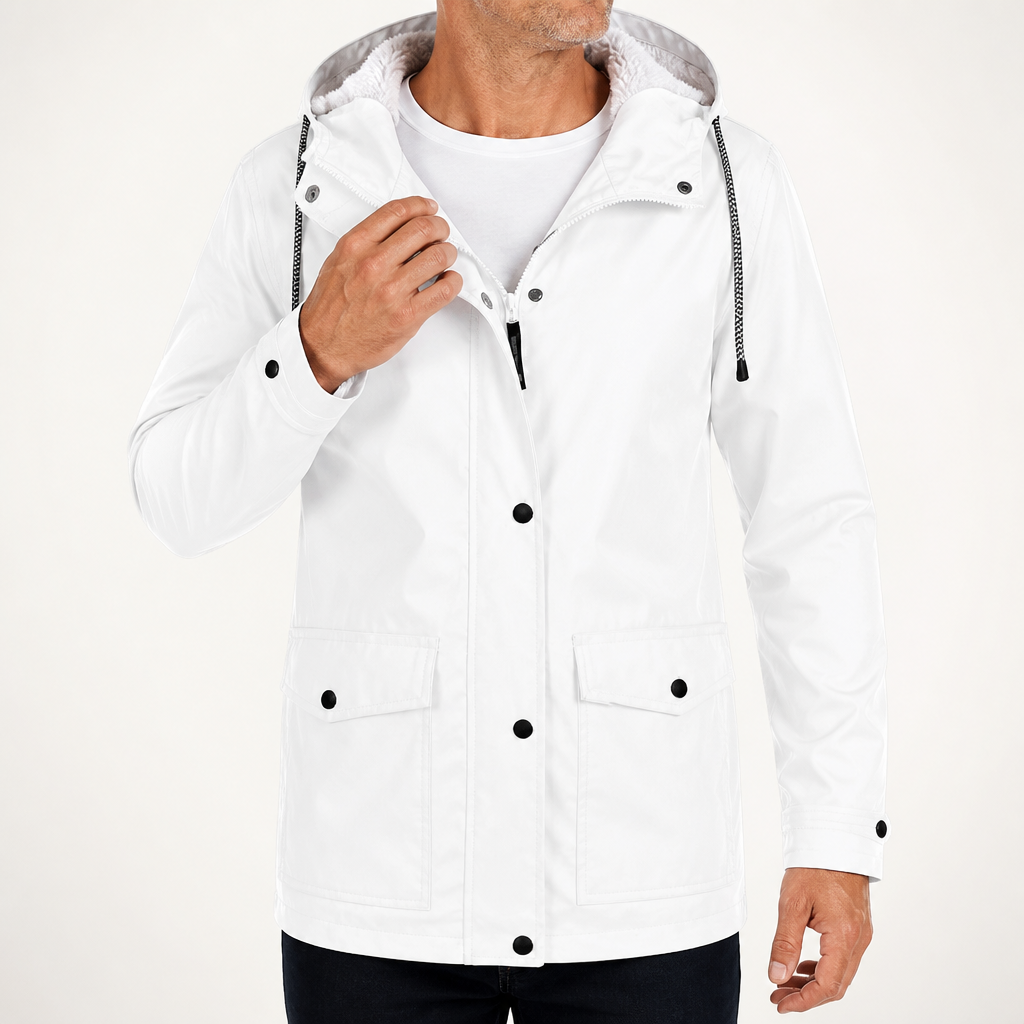 Alden | Mens Waterproof Jacket Fleece Lined Hooded Winter Rain Jacket, White