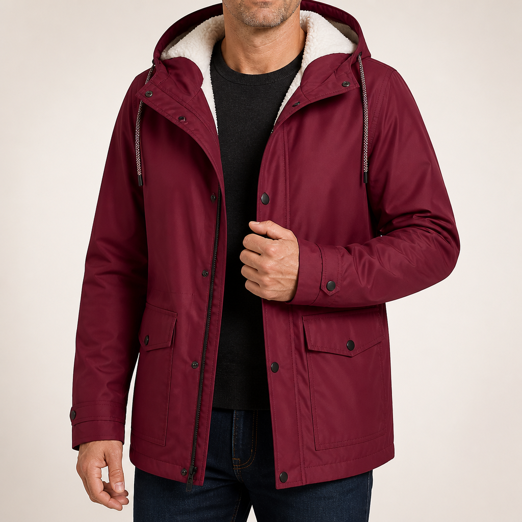 Alden | Mens Waterproof Jacket Fleece Lined Hooded Winter Rain Jacket, Wine Red