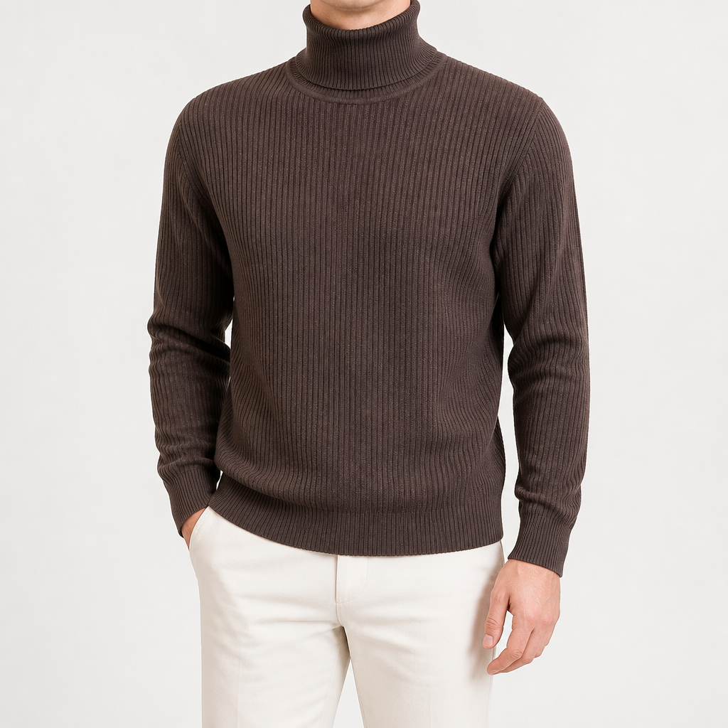Alistair | Mens Turtleneck Knitted Jumper Roll Neck Base Layer Sweater, Brown