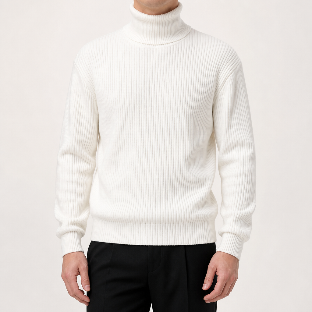 Alistair | Mens Turtleneck Knitted Jumper Roll Neck Base Layer Sweater, White