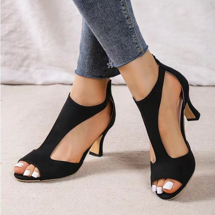 Amara | Womens Open Toe Side Zip Stiletto Heel Black White Sandals - 6